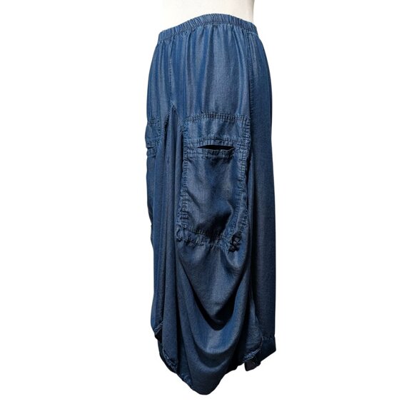 Tempo Paris Womens Size L Blue 100% Tencell Lagenlook Elastic Bubble Hem Skirt - Picture 2 of 8